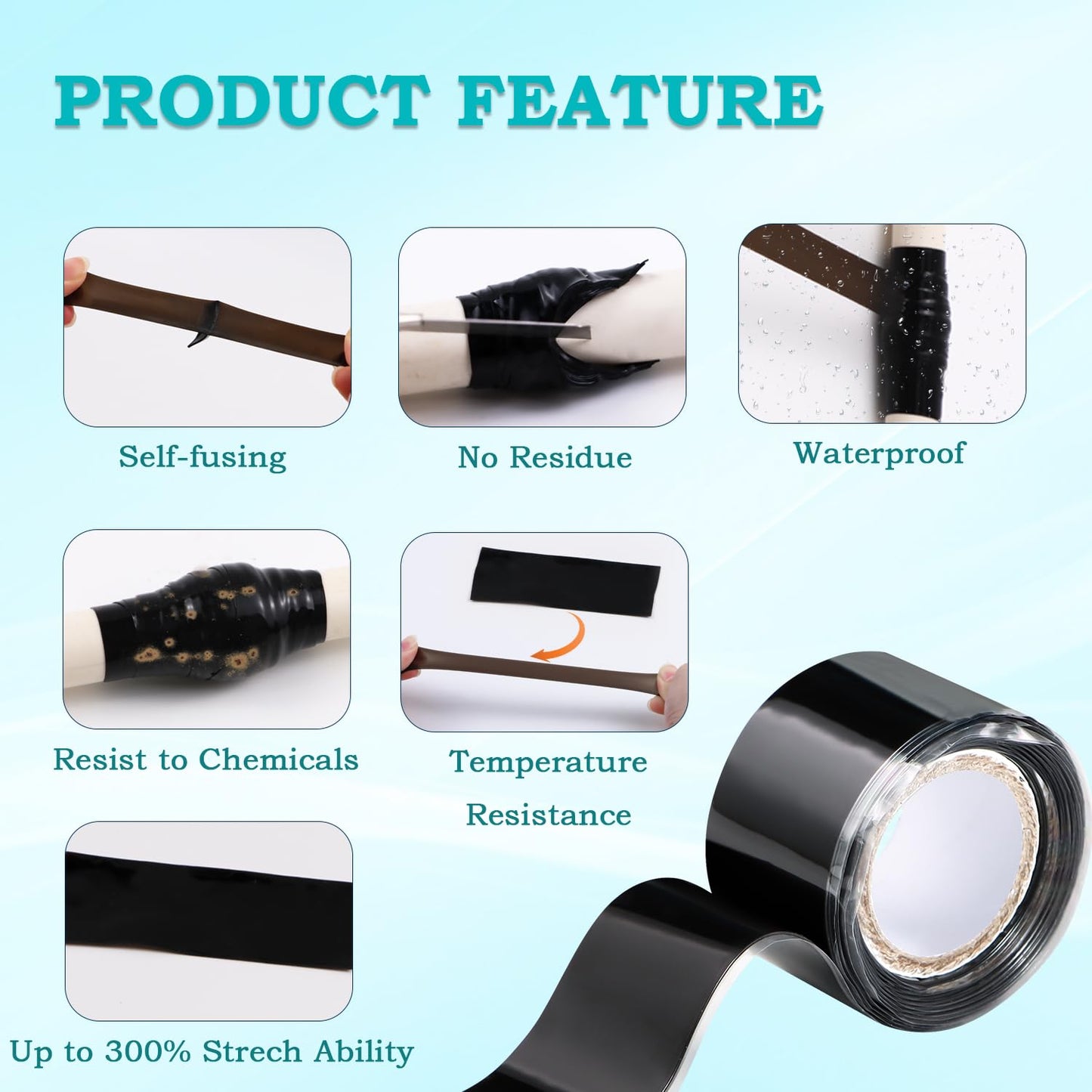 Self Fusing Silicone Tape 1 in x 5' Black Waterproof Rubber Leak Proof Sealing Silicone Rubber