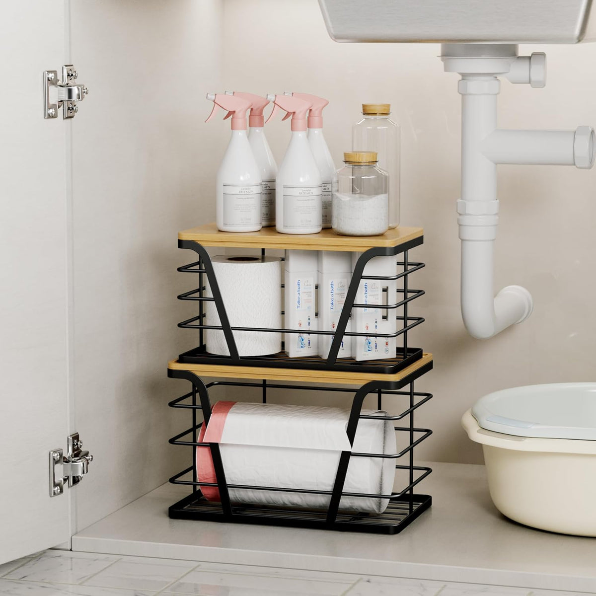 2 Pack Stackable Storage Laundry Kitchen Organizers, Wall Mount Trash Bag Holder with Bamboo Top