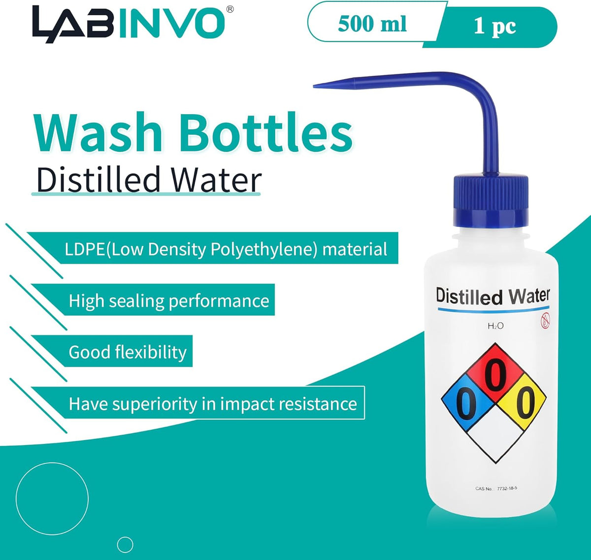 Distilled Water Wash Bottles, 1 PC of Vol.500ml (17oz), Narrow Mouth, Self-Venting Safety Wash