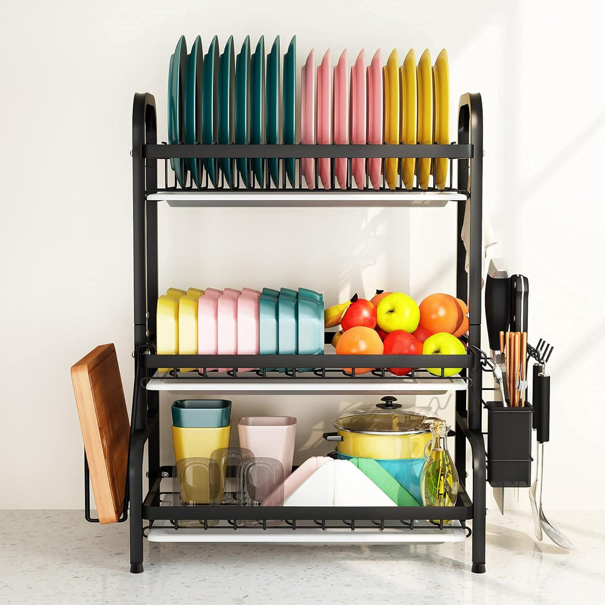 1Easylife Drying Rack, Metal 3-Tier Large Capacity Dish Rack with Utensil Holder, Cutting Board
