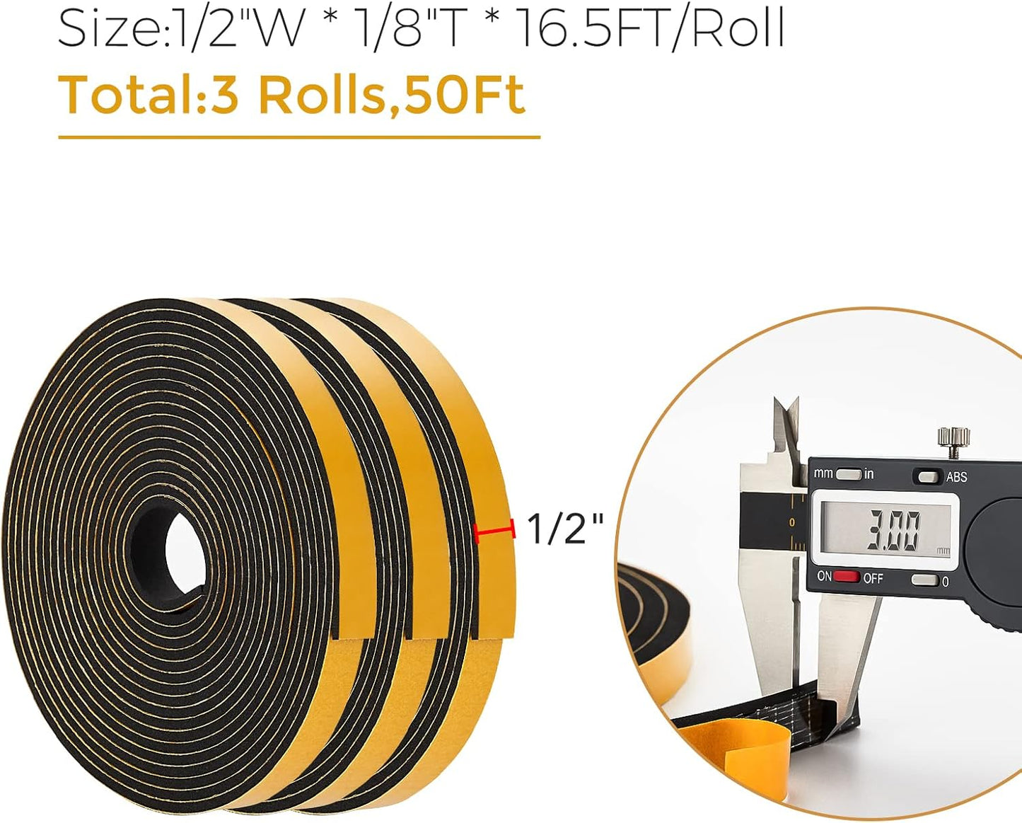 50 Feet Weather Stripping Door Seal, 1/2" Wide X 1/8" Thick Door Seal Strip High Density Foam Tape