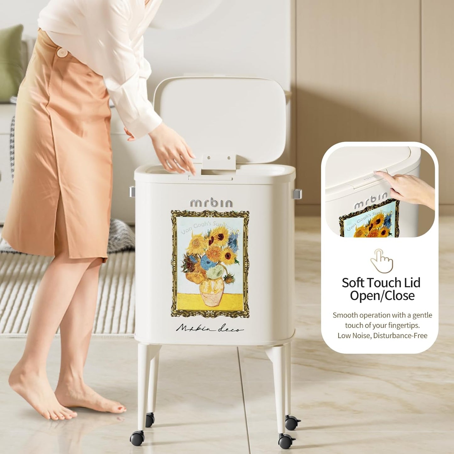 MRBIN Metal Kitchen Trash Can with Wheel Legs, 36L / 9.5gal Medium Press Lid Slim Waste Basket, Pet
