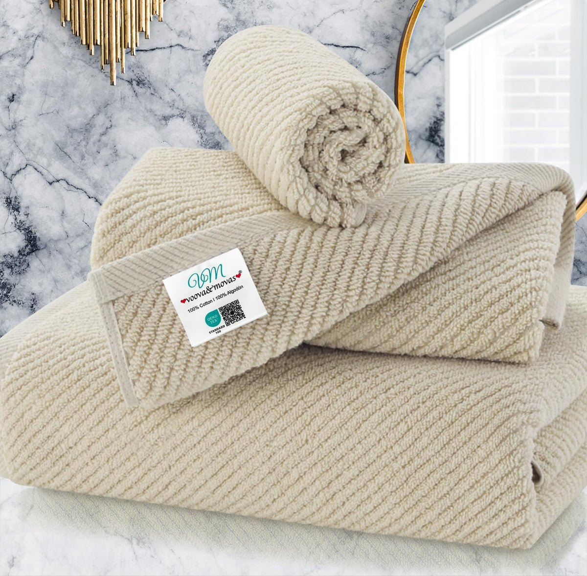 VOOVA & MOVAS Beige Towels for Bathroom - 100% Cotton | Quick Dry | Soft | Thick, 3 Piece Towel