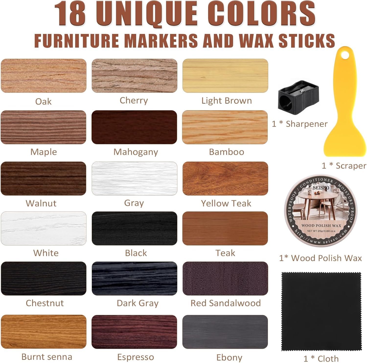 SEISSO Furniture Repair Kit, 18 Colors Touch Up Markers and Wood Filler Sticks with Wood Polish Wax
