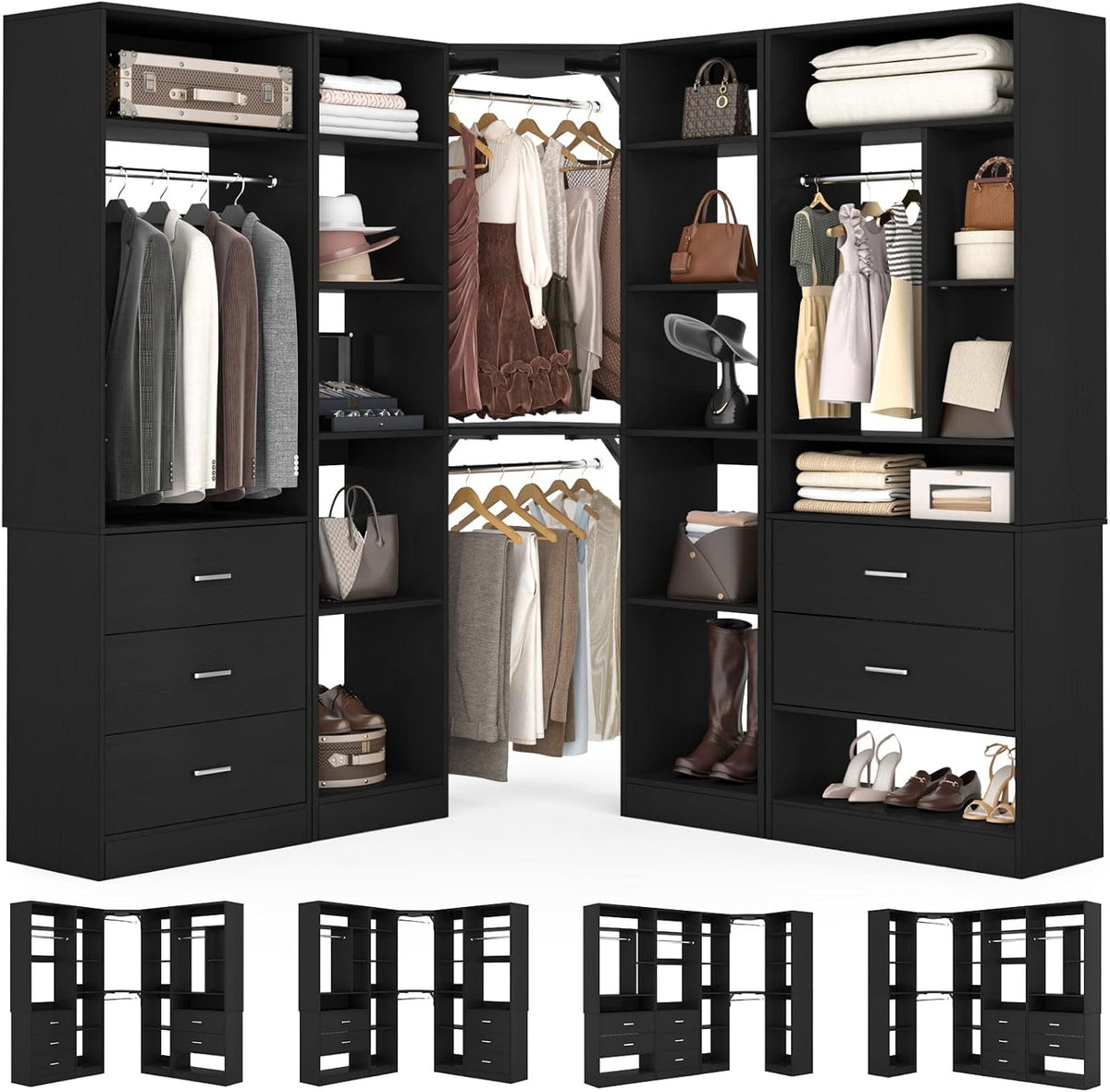 Corner Closet System with 5 Drawers, Closet Organizer System with 15+Shelvess & 4 Hanging Rods
