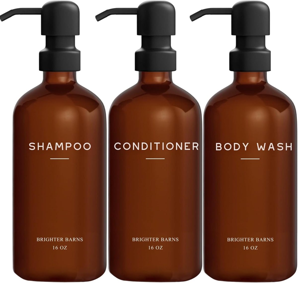 Amber Shampoo and Conditioner Dispenser Set by Brighter Barns - Body Wash and Shampoo Bottles with