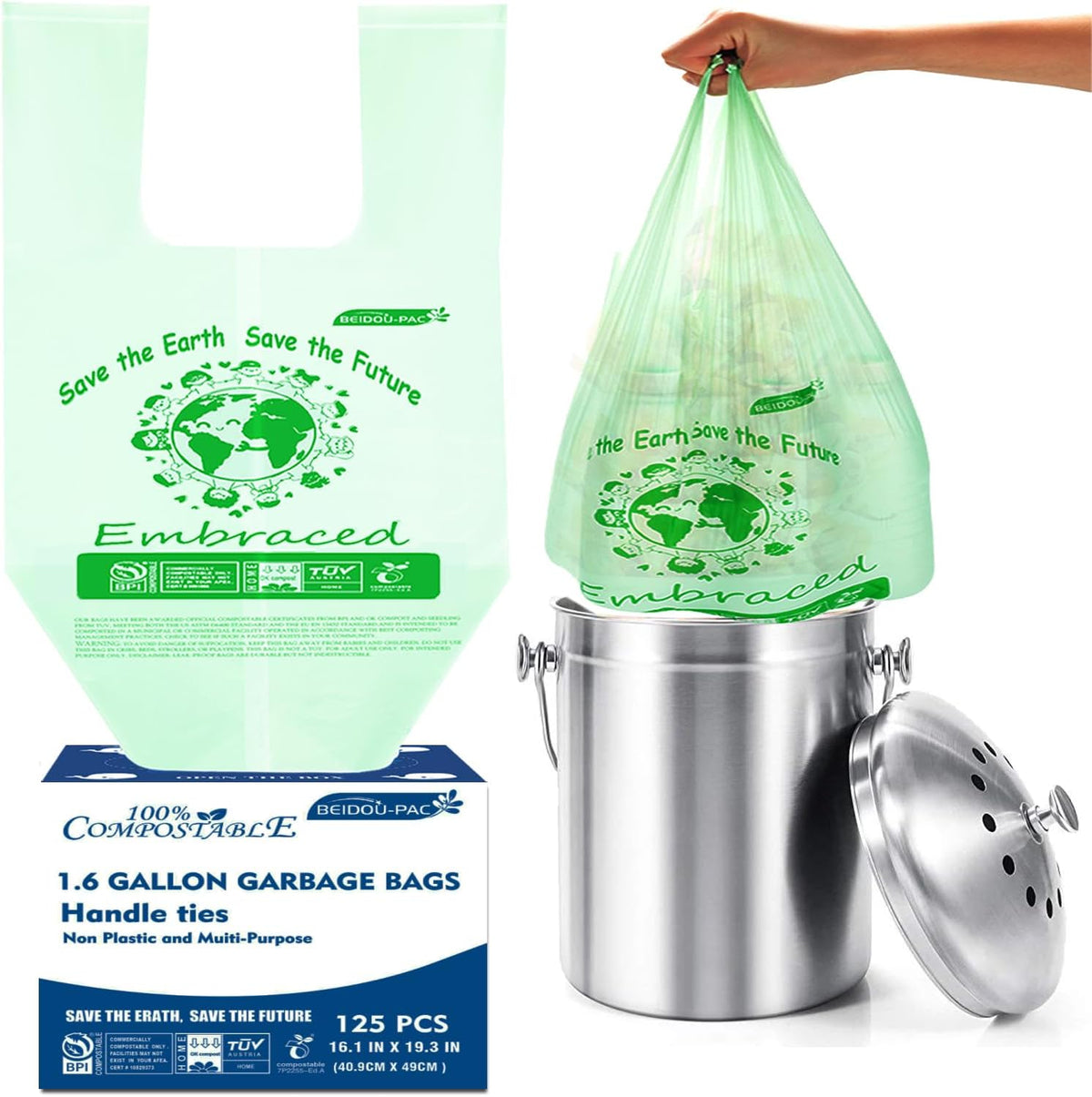 1.6 Gallon Compostable Trash Bags with Handle, 125 Count Small Compost Bags, Biodegradable Kitchen