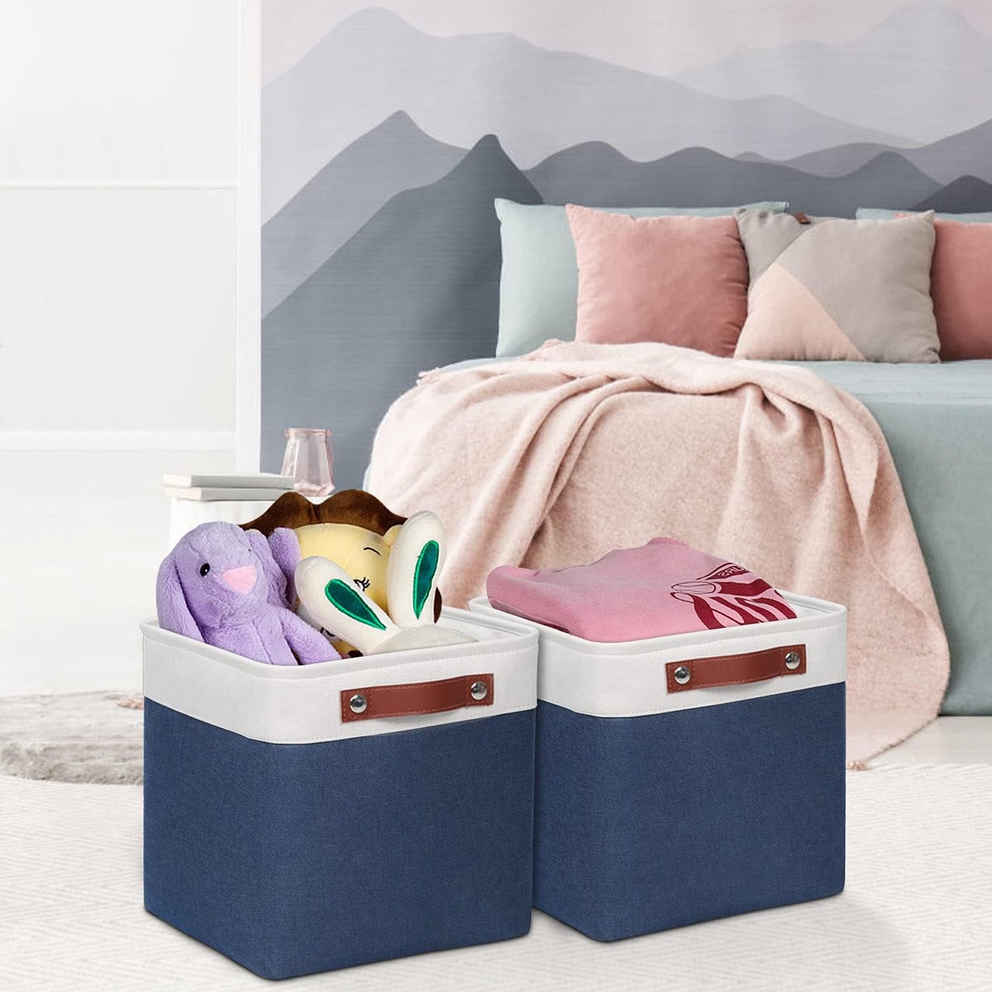 Univivi Fabric Cube Bins Set of 4 Storage Baskets with PU Handles for Home Closet Foldable Storage