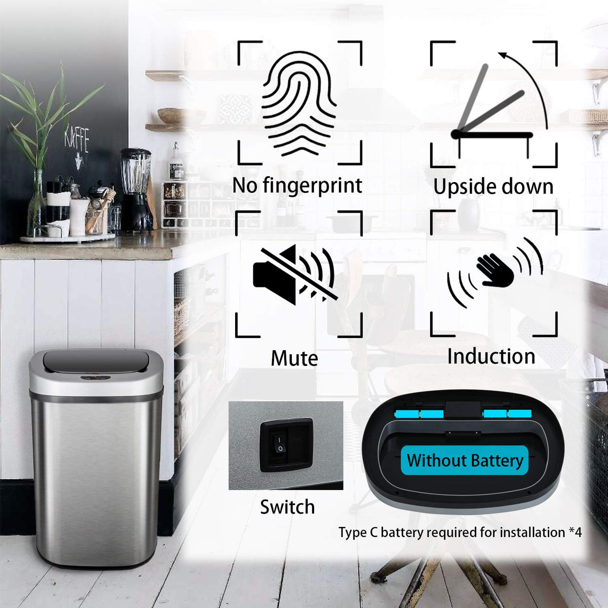 HCB Trash Can Automatic Waste Bin Mute Metal Garbage Can with Lid Stainless Steel 13 Gallon 50