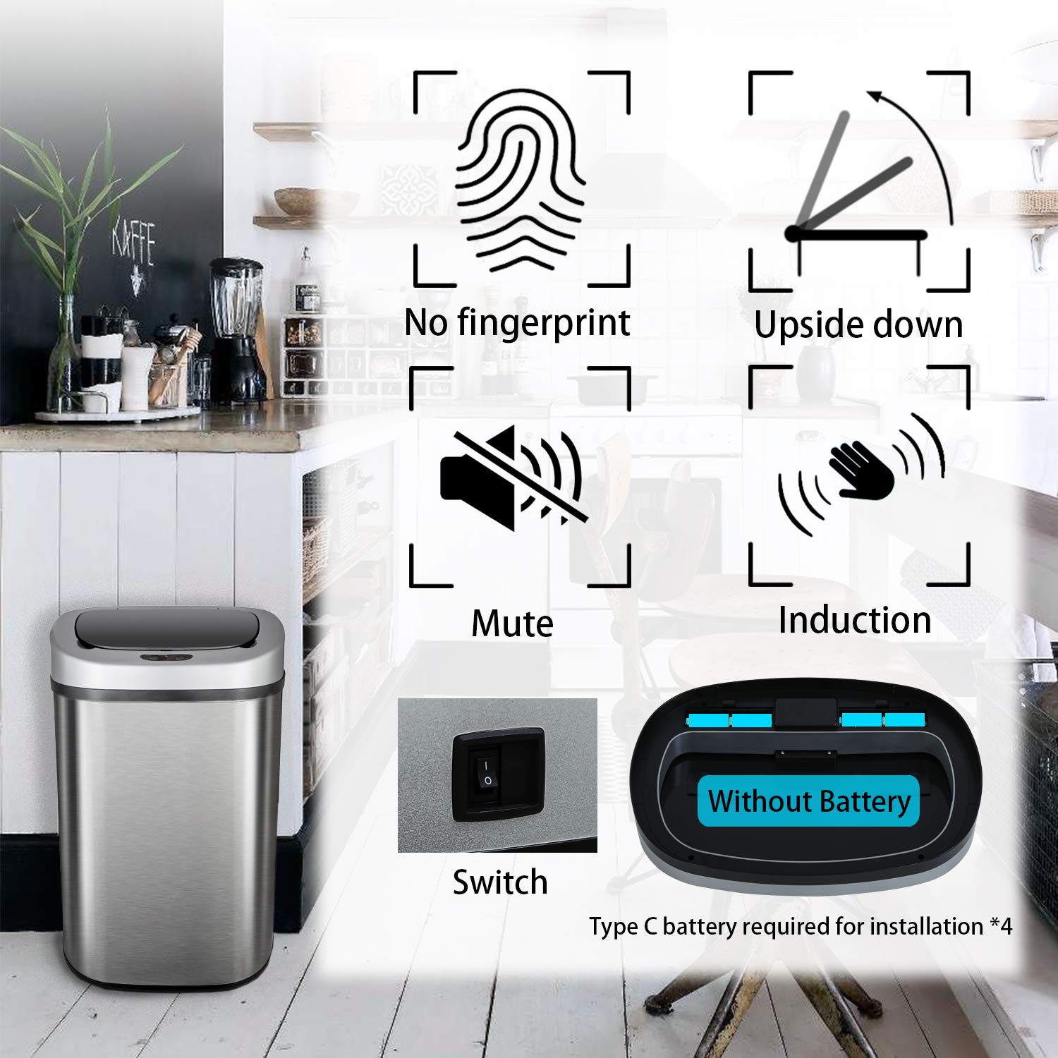 HCB Trash Can Automatic Waste Bin Mute Metal Garbage Can with Lid Stainless Steel 13 Gallon 50