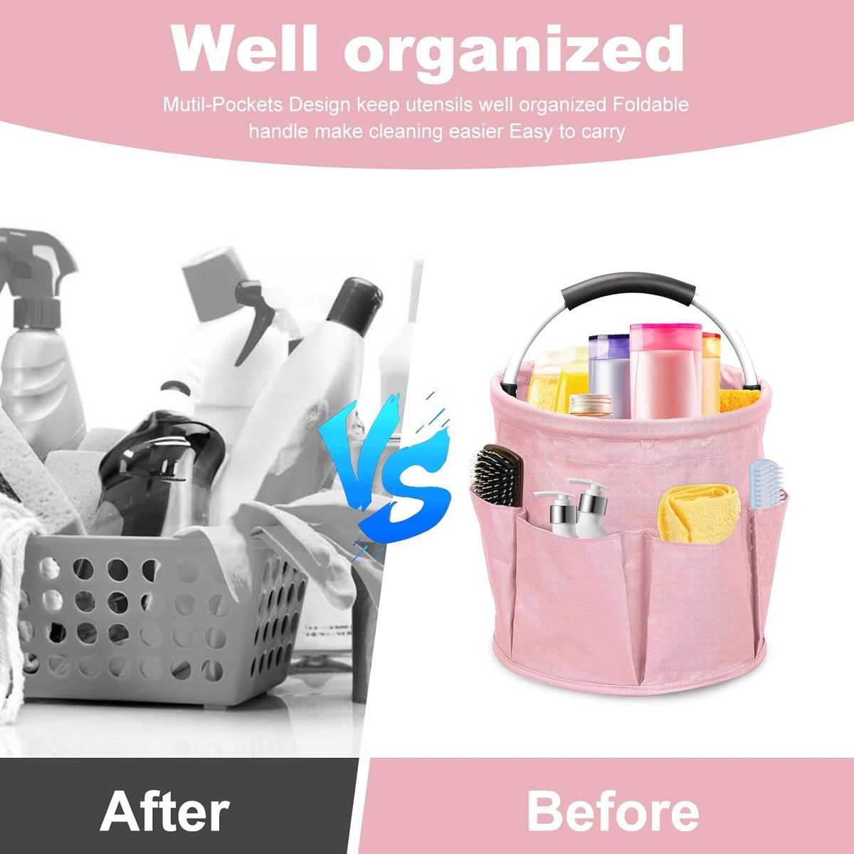 Qivine 17L Cleaning Caddy with Handle, Cleaning Supply Caddy Foldable Tool Bag Cleaning Products