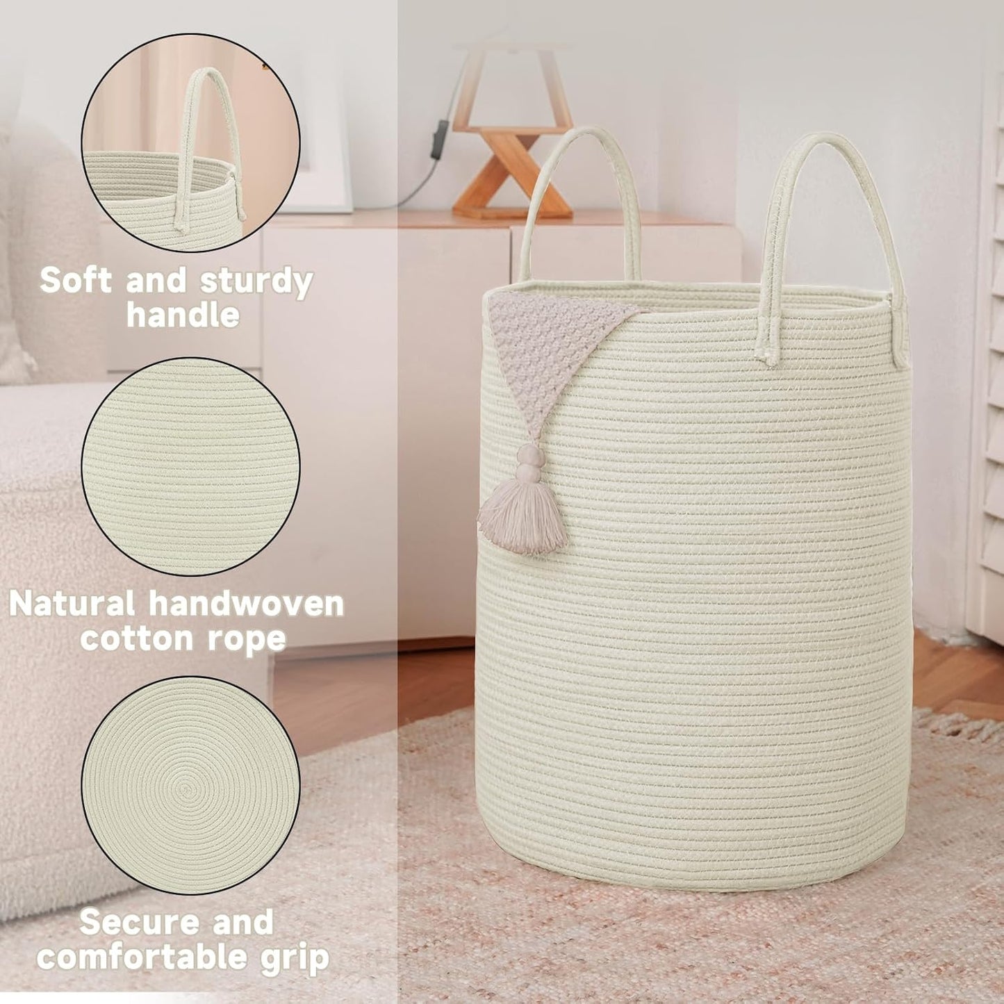 Large Woven Laundry Basket Hamper,100L Cotton Rope Storage Bin for Blankets,Toys and
