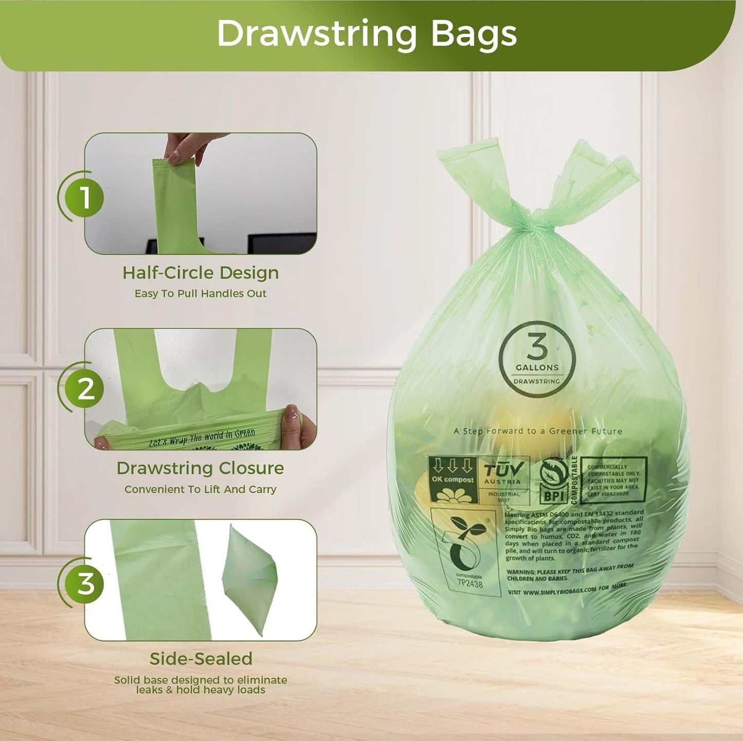 3 Gallon Compostable Trash Bags with Handle-Tie, Thick 0.67 Mil, 11.36 Liter, 80 Bags, Small