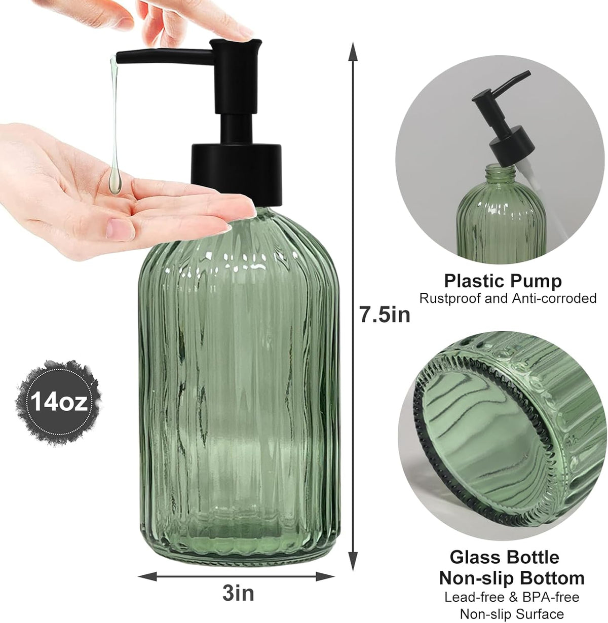 Green Glass Soap Dispenser with Black Plastic Pump, 13.5oz Refillable Liquid Hand Soap Dispenser