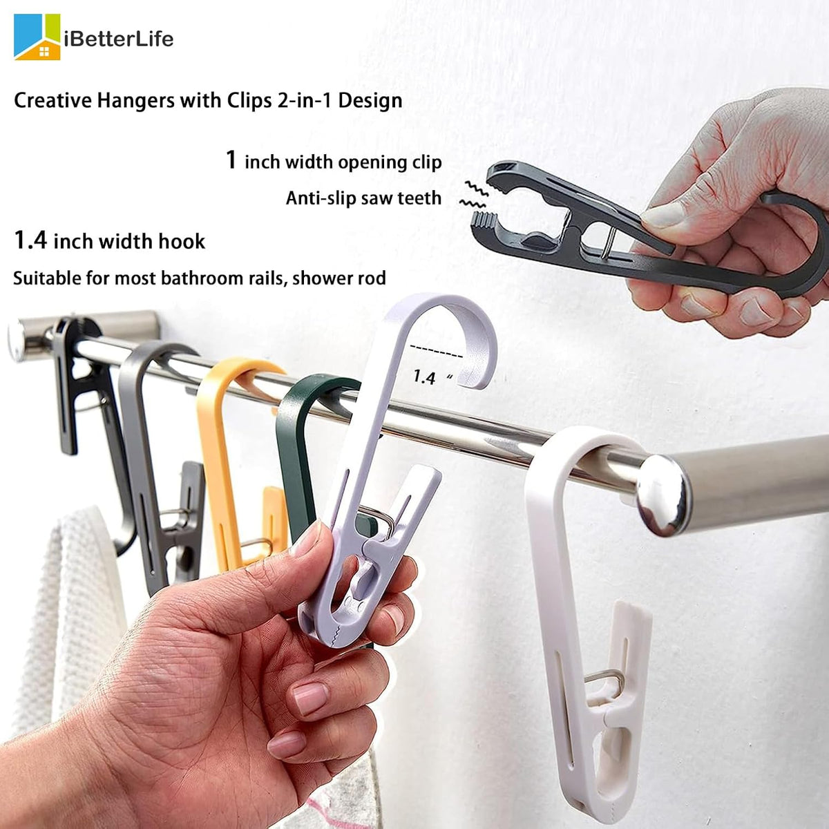 iBetterLife Clothes Pins Heavy Duty Outdoor - 8Pcs Large Laundry Hook Hangers with Clips Closet