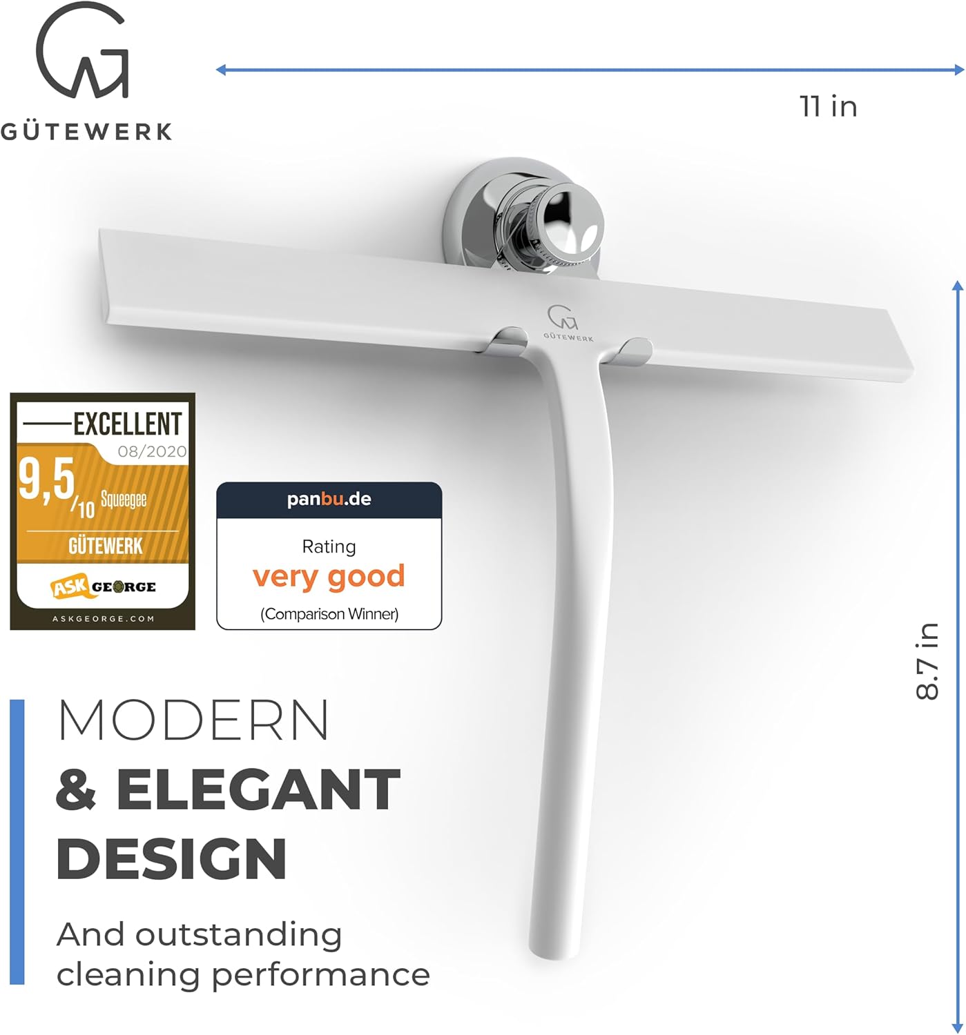 GÜTEWERK Shower Squeegee for Glass Doors, Silicone Window Squeegee, Bathroom and Glass Cleaning
