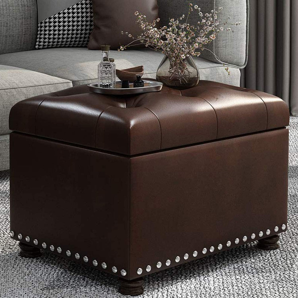 24'' Leather Storage Ottoman Rectangular Foot Rest Stool with Nailhead Trim for Bedroom Living