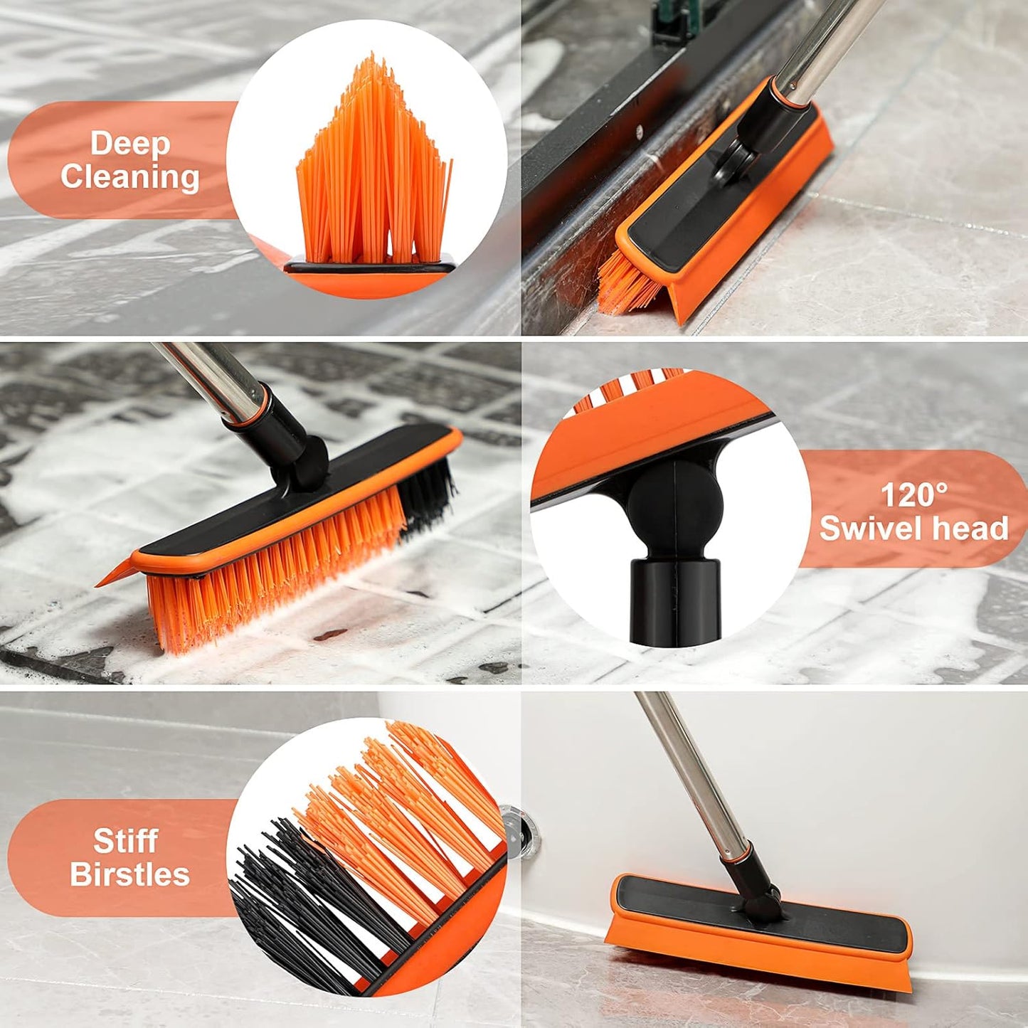 2 in 1 Floor Scrub Brush Grout Brush with 57.8" Long Handle,120°Rotatable Shower Tile Grout Cleaner
