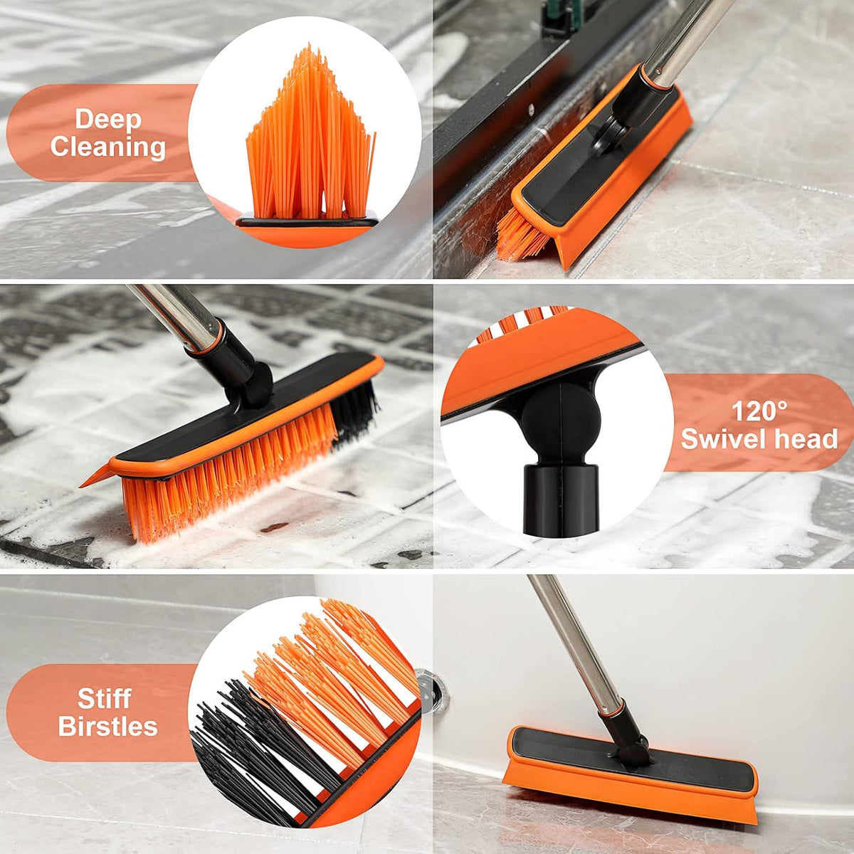 2 in 1 Floor Scrub Brush Grout Brush with 57.8" Long Handle,120°Rotatable Shower Tile Grout Cleaner