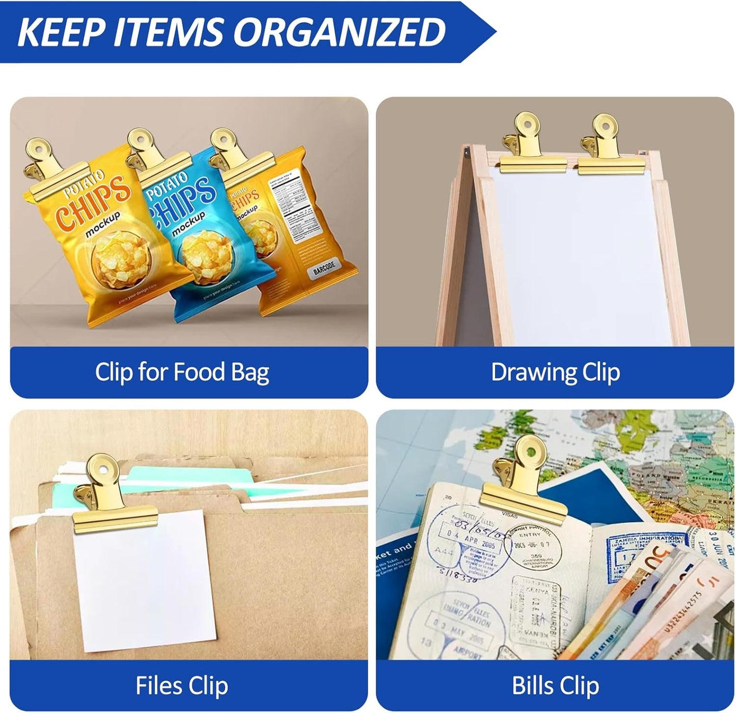10 Pack Large Metal Hinge Clips 2.5 Inches Bull Hinge Paper Clips Gold Bulldog Clips for Crafts