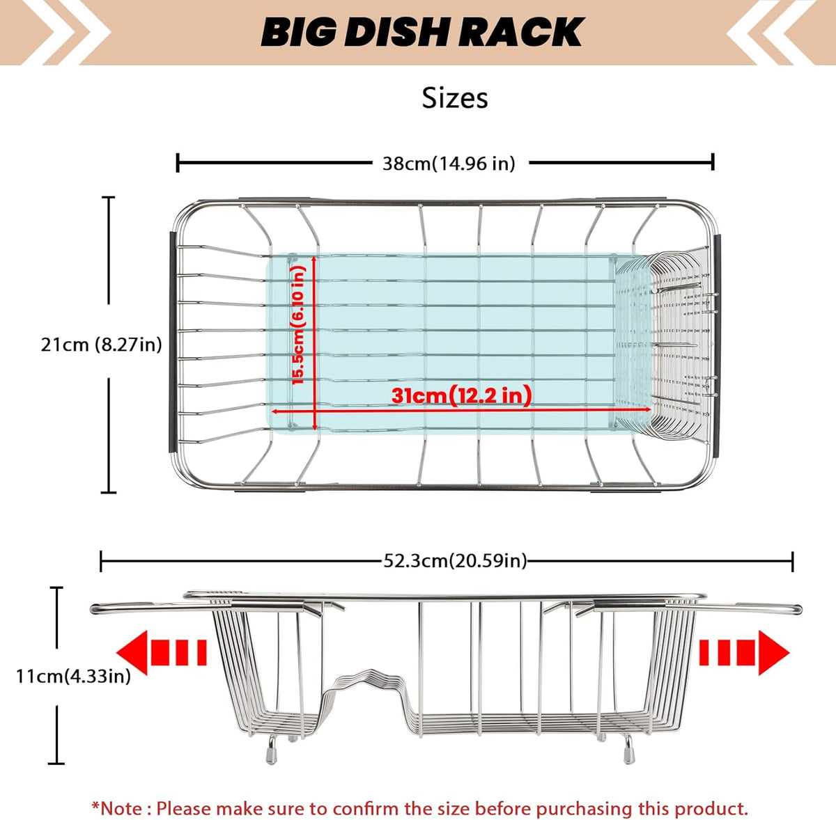 Sink Dish Drainer Rack, Expandable 304 Stainless Steel Dish Drying Rack Organizer with Stainless