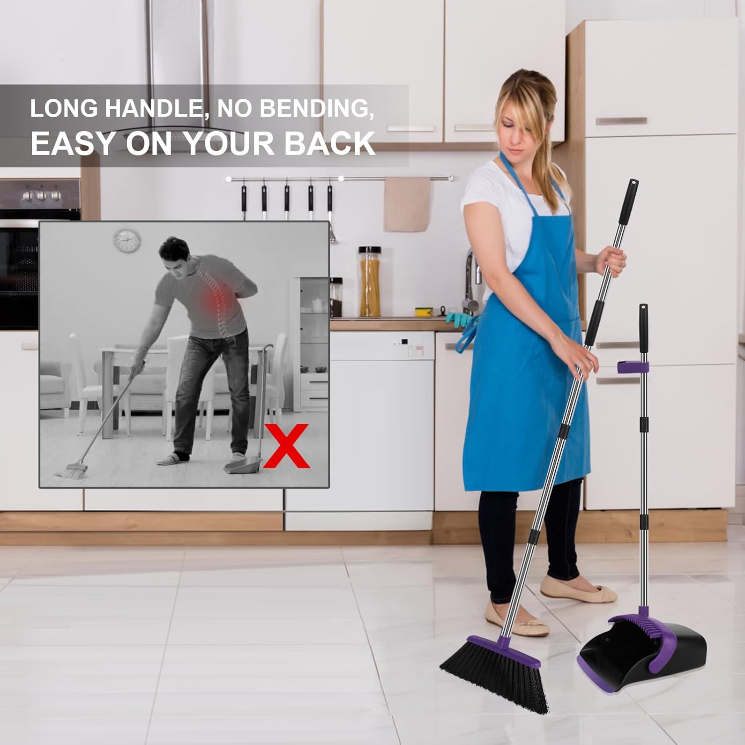 Broom and Dustpan Set, Large Household Dustpans and Broom with 55 Inch Long Handle, Pueple Broom