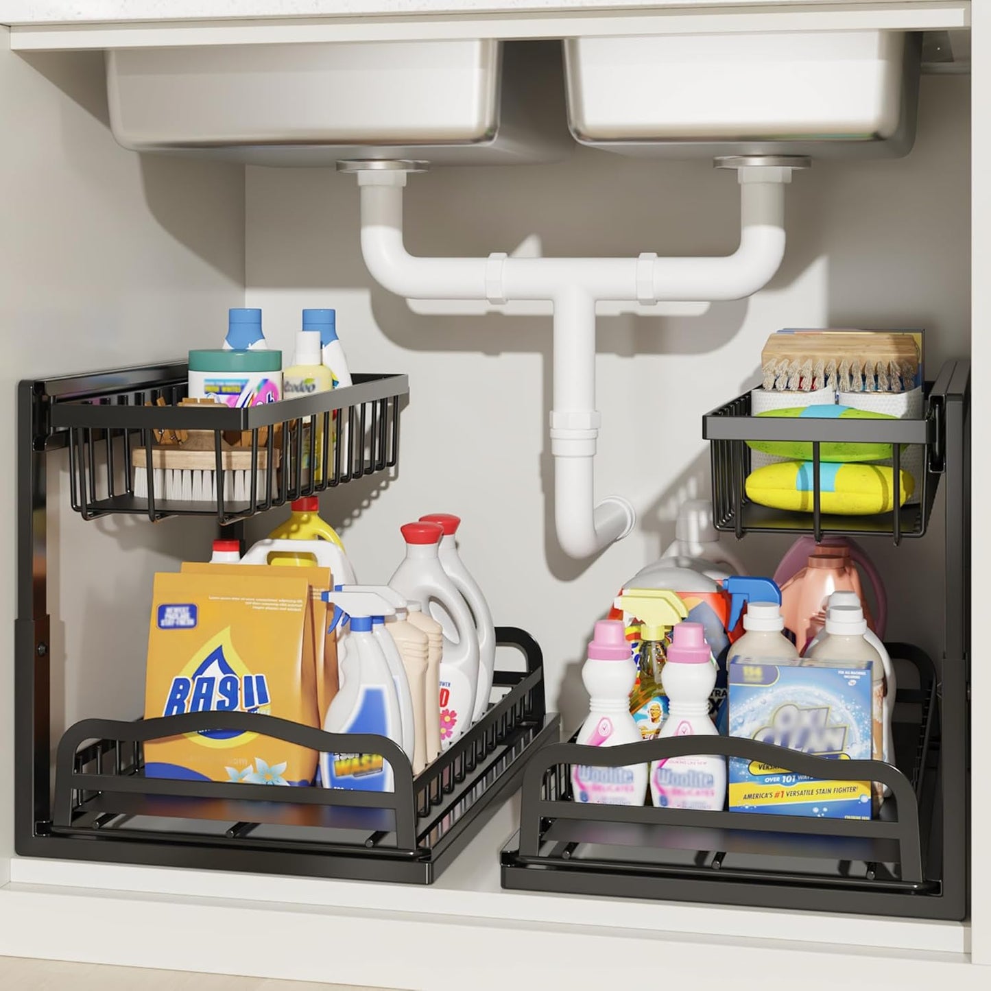 AceMining Under Sink Organizer, 2 Pack Pull-Out Under Cabinet Organizer, 2 Tier Under Sink Storage
