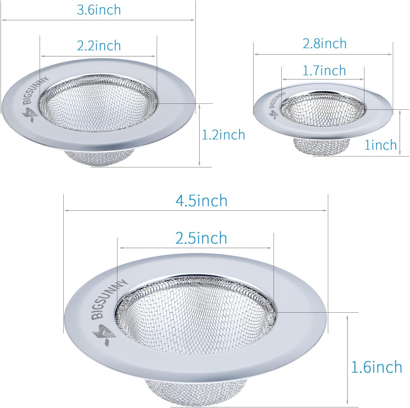Mesh Sink Strainer Set of 3, MSY BIGSUNNY Stainless Steel Kitchen Sink Strainer Kitchen Drain