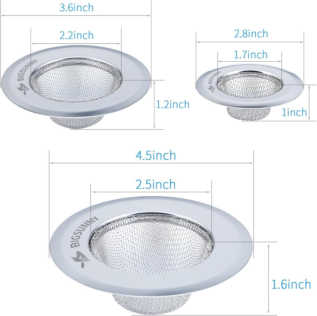 Mesh Sink Strainer Set of 3, MSY BIGSUNNY Stainless Steel Kitchen Sink Strainer Kitchen Drain