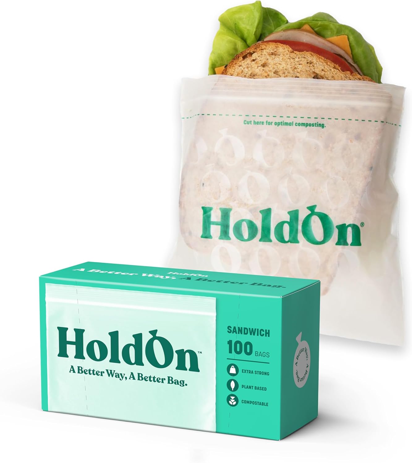 HoldOn Zipseal Sandwich Bags – Compostable, PFOA-Free, BPA-Free, Food-Safe Zip Seal Food Storage