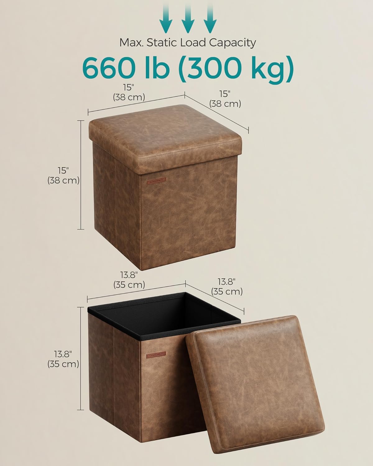 SONGMICS Mazie Collection - 15 Inches Ottoman with Storage, Footstool, Storage Ottoman, Load 660
