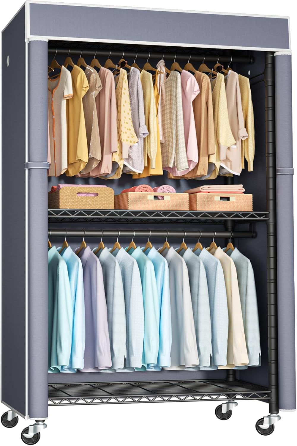 FUTASSI Black Clothing Rack with Grey Cover, P1C Rolling Closets with Wheels, Metal Garment Rack