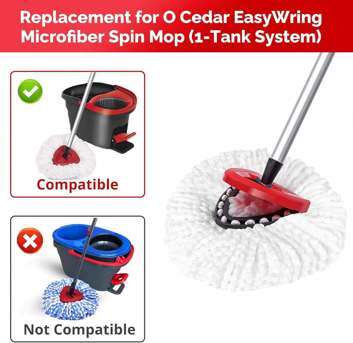 Spin Mop Head, Base, Handle Replacement for O-Ceda EasyWring 1 Tank System,4 Microfiber Mop