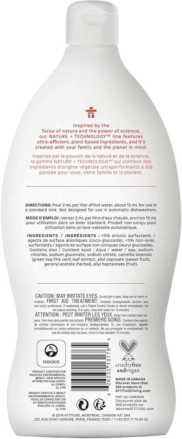 ATTITUDE Dish Soap, EWG Verified, Plant-Based & Vegan Dishwashing Liquid, Naturally Derived, Pink