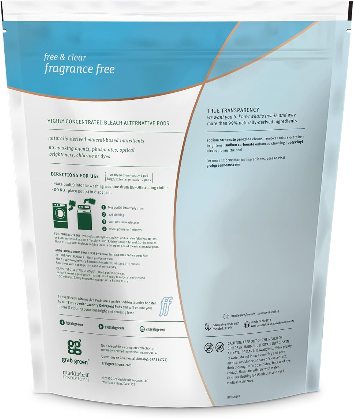 Grab Green Bleach Alternative Pods, 60 Count, Chlorine Free, Fragrance Free, Plant and Mineral