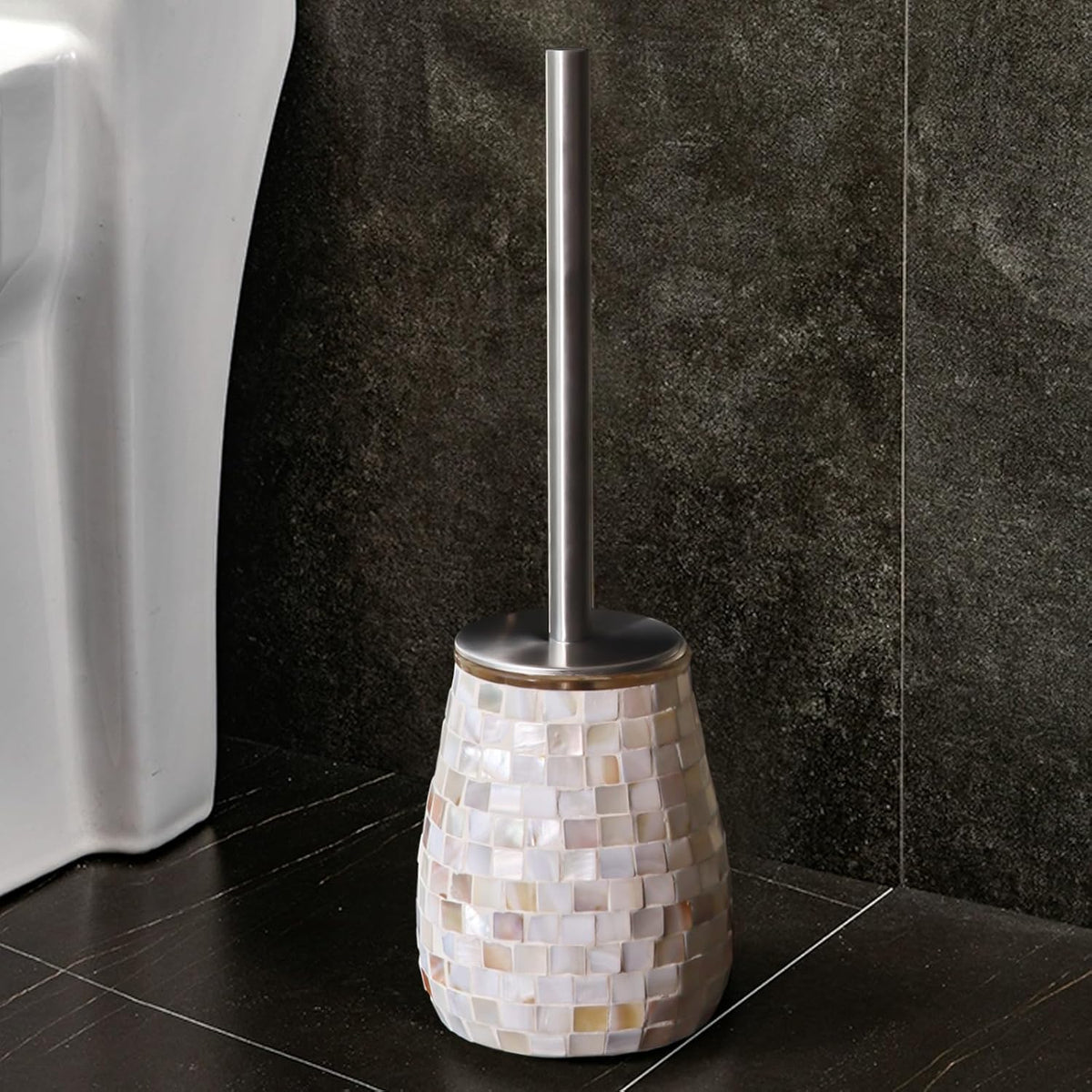 WDHODEC Natural Shell Toilet Brush and Holder Set Mosaic Glass, Stainless Steel Toilet Scrubber