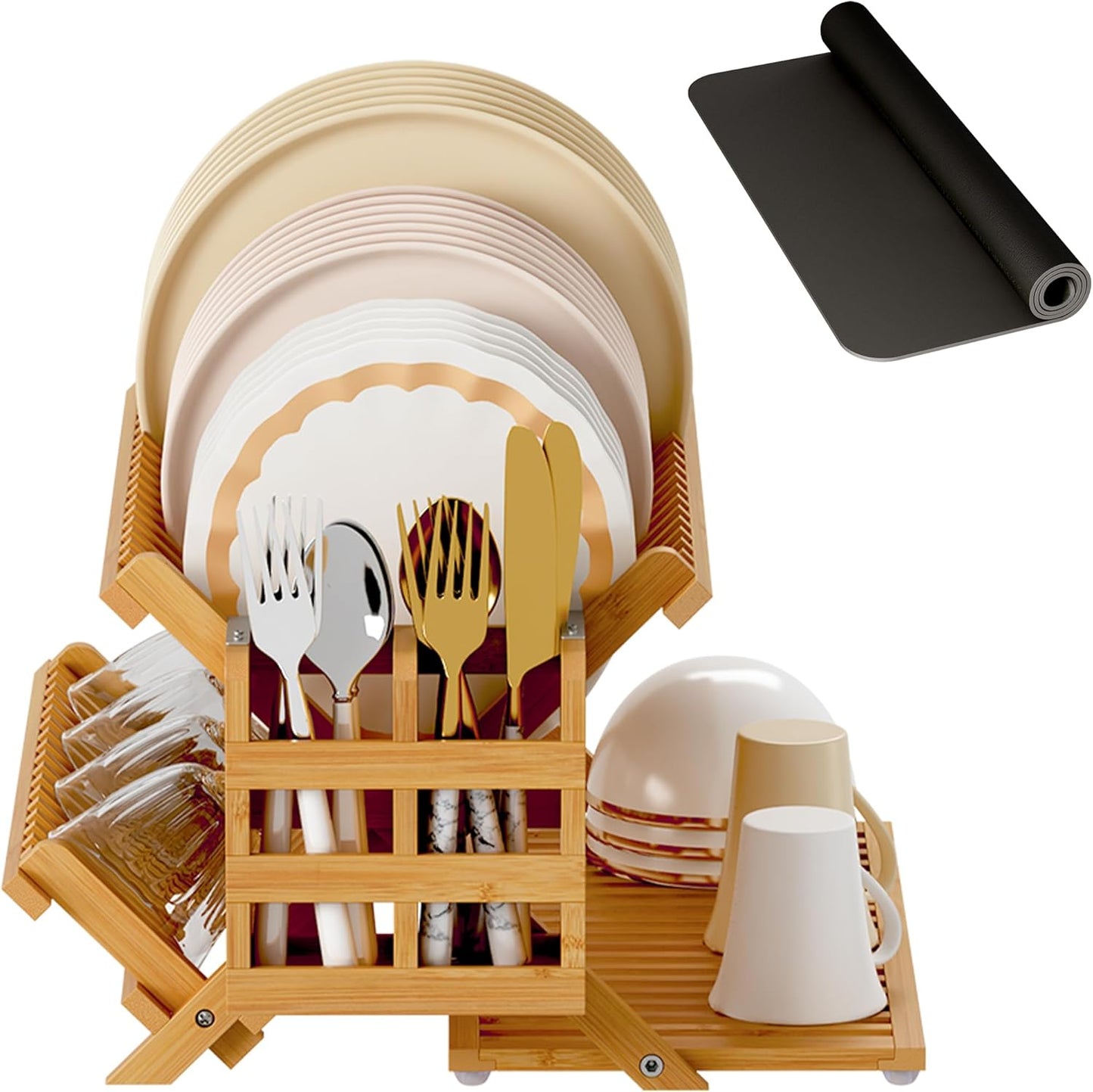 Greenual Bamboo Dish Drying Rack with Utensil Holder, 3 Tier Collapsible Dish Rack, Wooden Dish