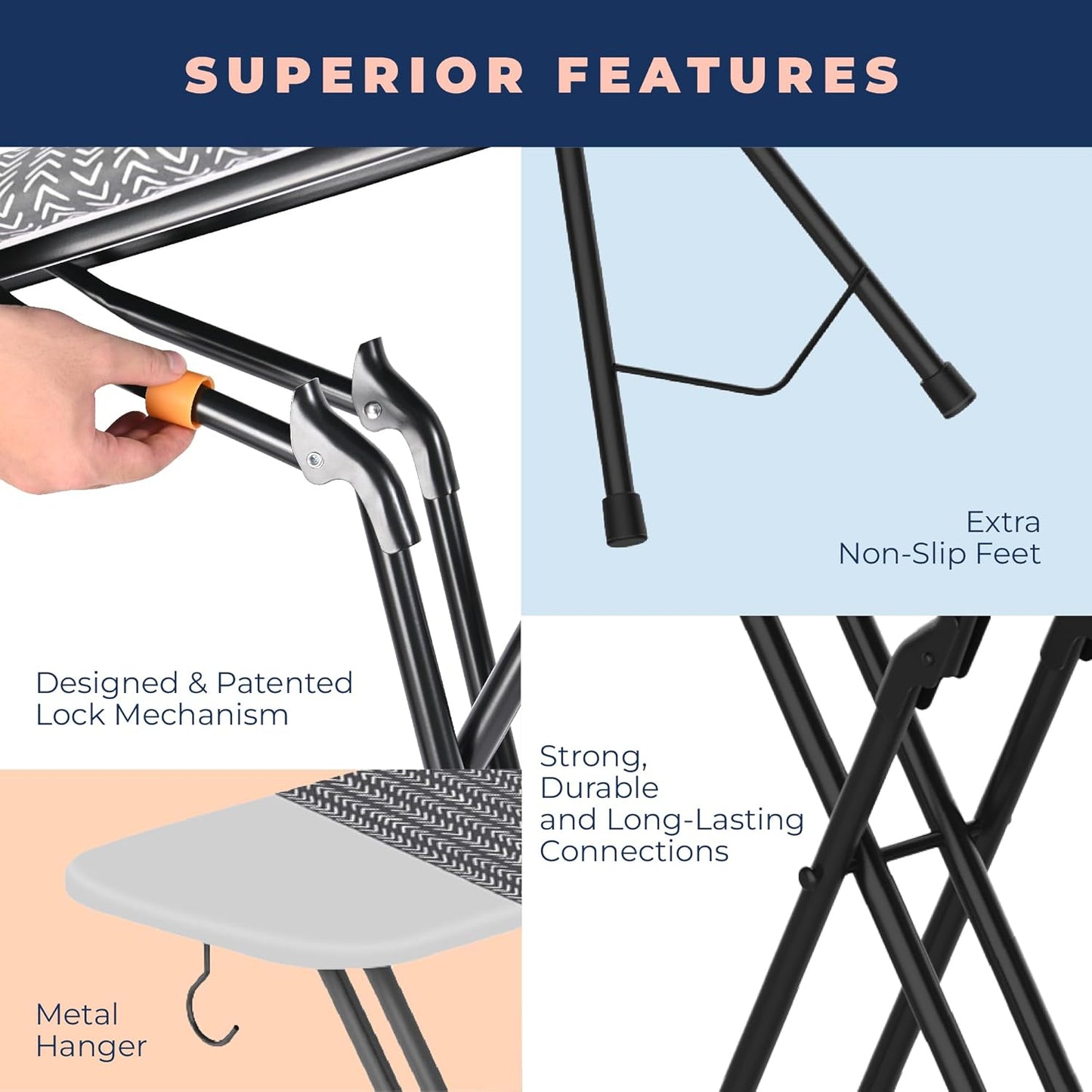 Happhom Ironing Board, Compact and Space Saver Iron Board, Safety Ironing with Park Zone and 4