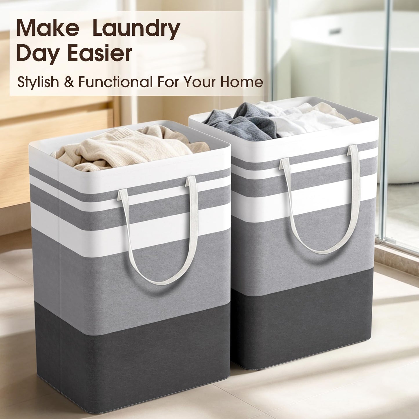 HomeHacks 2 Pack Large Laundry Baskets, Laundry Hampers Bags (Grey 75Lx2)
