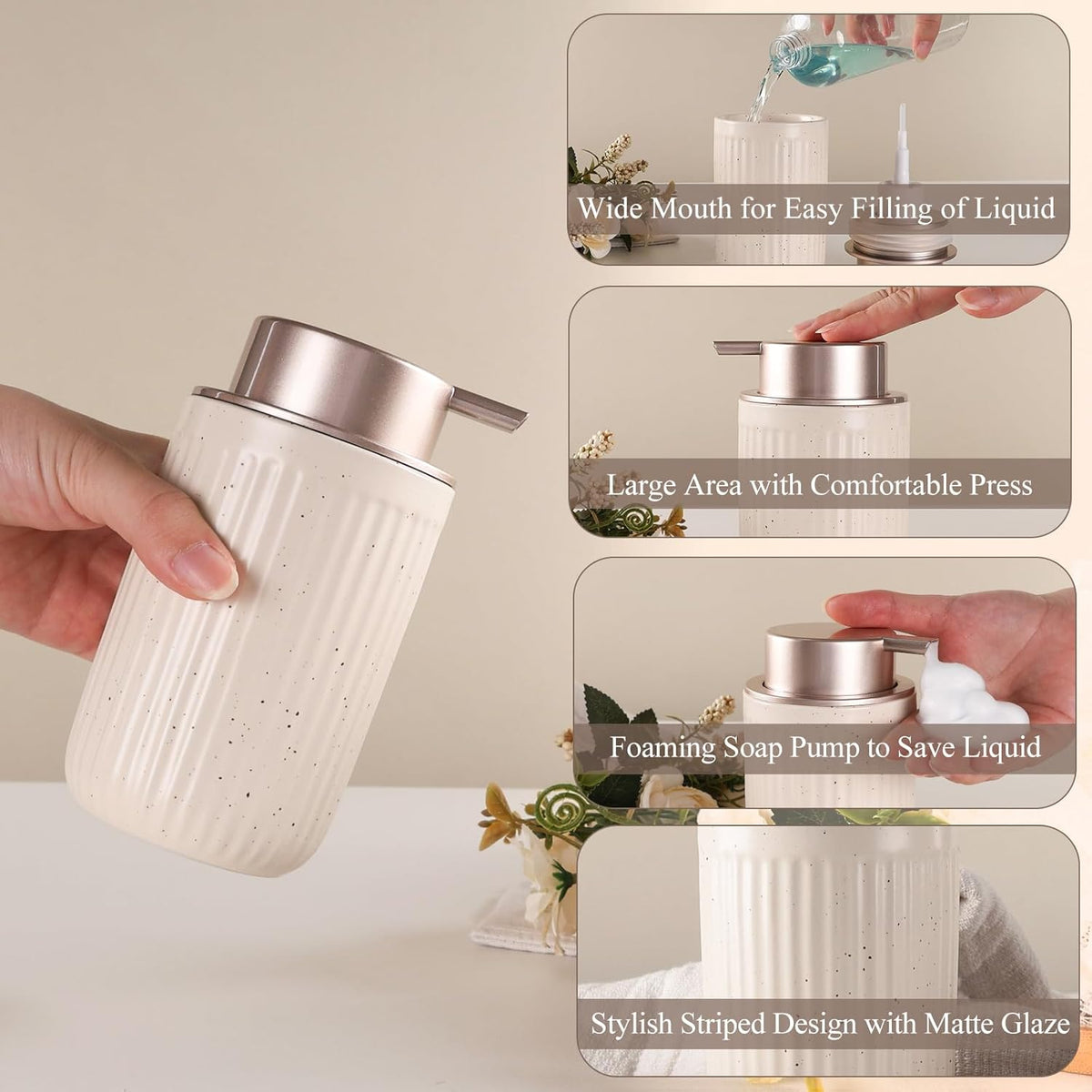 BosilunLife Foam Hand Soap Dispenser - Ceramic Foaming Soap Dispenser for Bathroom 12oz Refillable