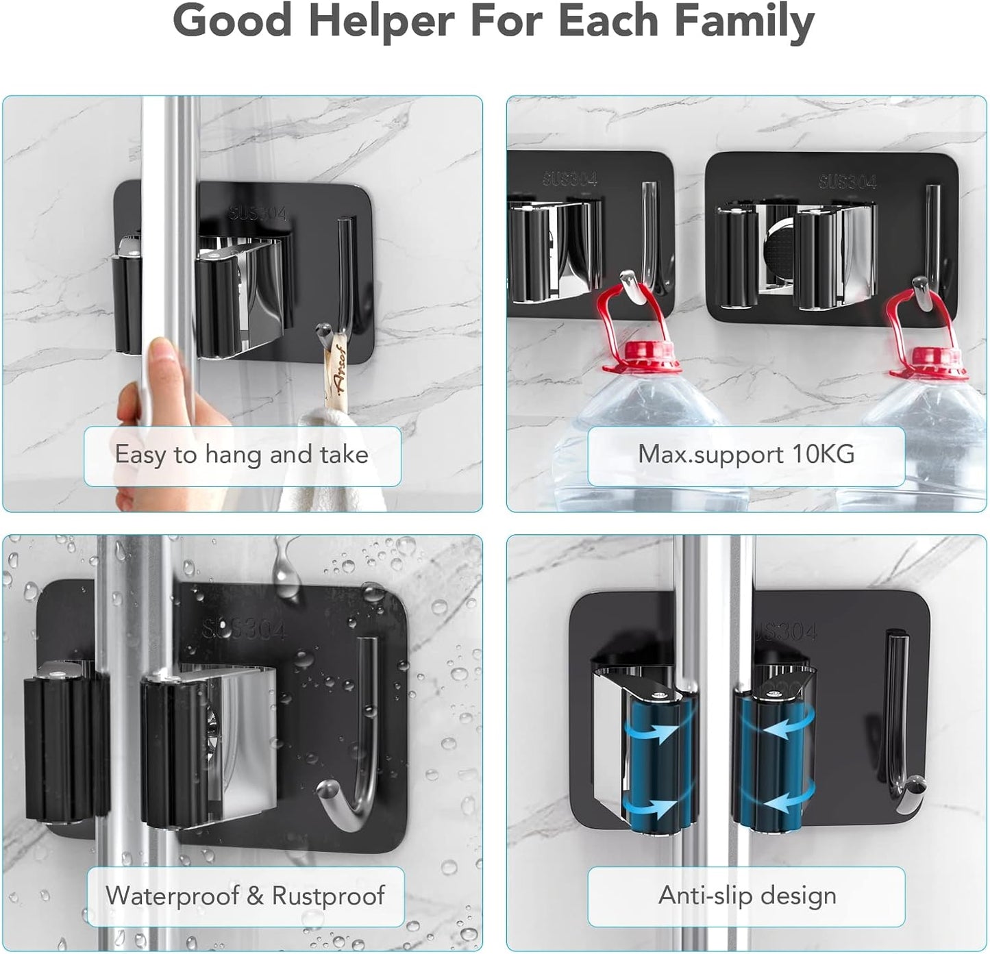 Mop Broom Holder No Drill, Mop Broom Organizer Wall Mounted Heavy Duty with Hooks Hanger, Self