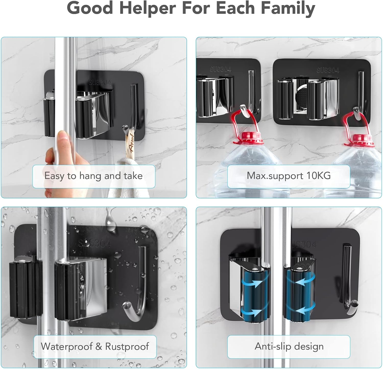 Mop Broom Holder No Drill, Mop Broom Organizer Wall Mounted Heavy Duty with Hooks Hanger, Self