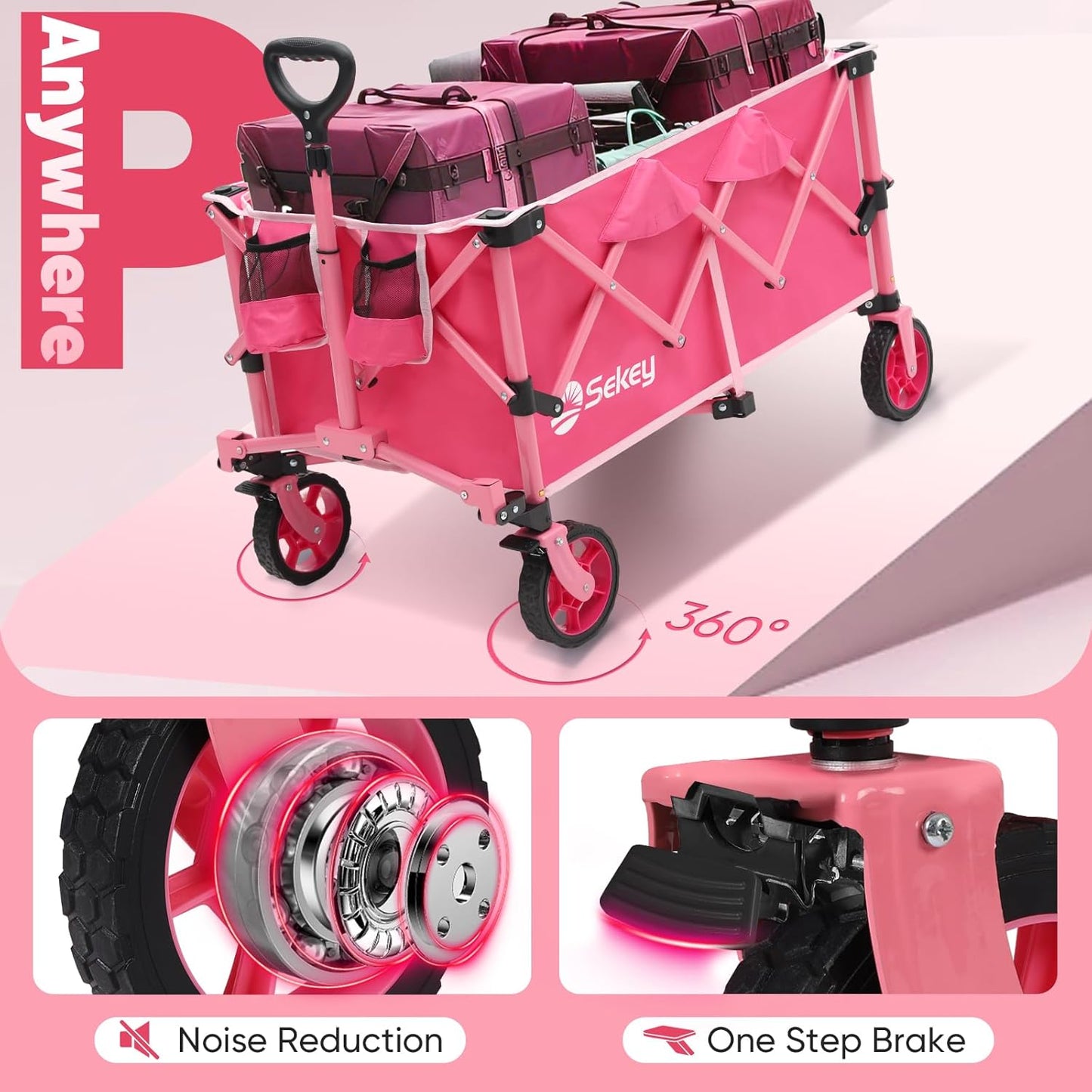 Sekey Pink Collapsible Foldable Wagon with 330lbs Weight Capacity, Heavy Duty Folding Wagon Cart