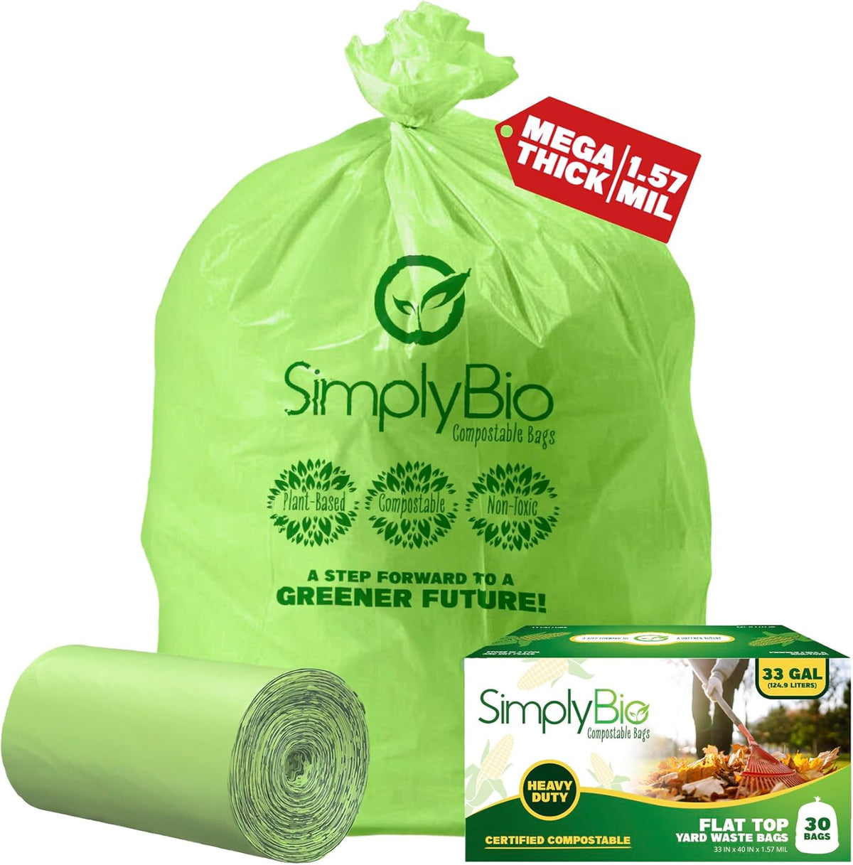 Simply Bio 30-33 Gallon Compostable Trash Bags Liners Flat-Top, Heavy Duty Extra Thick 1.57 Mil