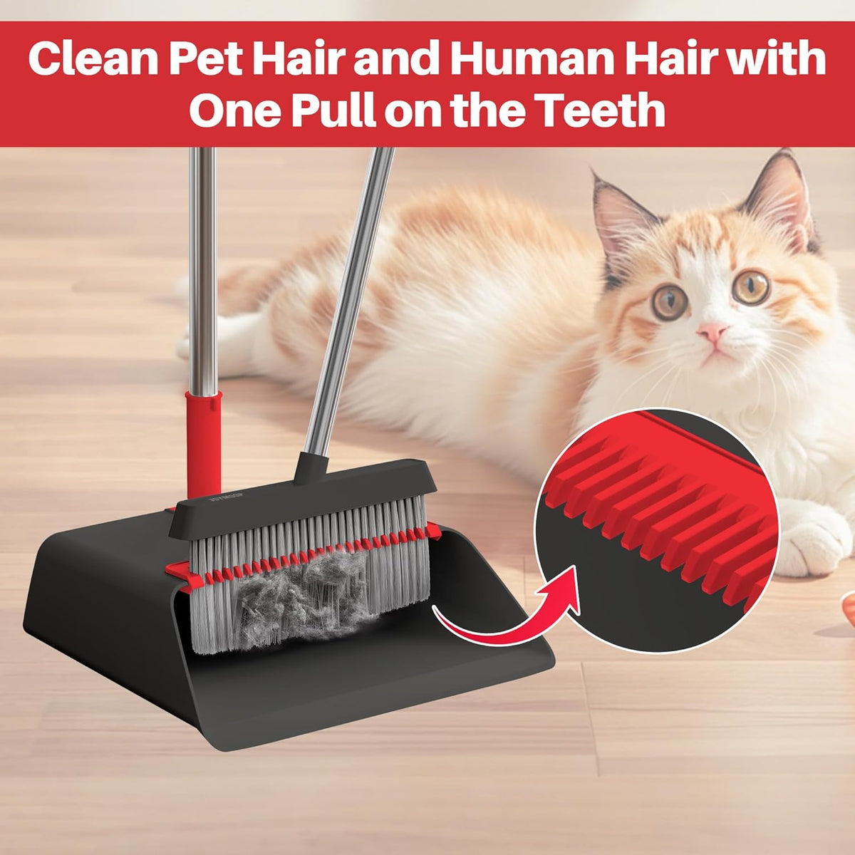 JOYMOOP Black and Red Broom and Dustpan Set, Upright Angle Design with Built-in Comb Teeth for
