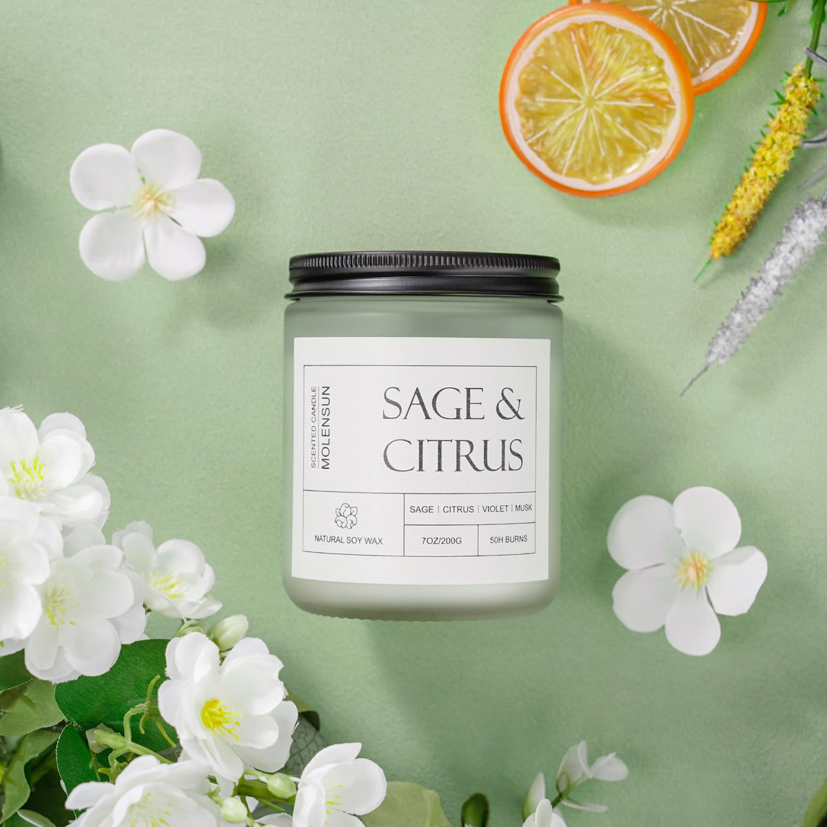 Molensun Sage Citrus Scented Candle, Soy Wax 7 oz