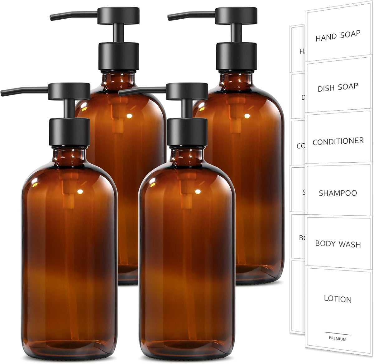GMISUN Amber Glass Soap Dispenser, 4 Pack Bathroom Hand Soap Dispensers with Stainless Steel Flat