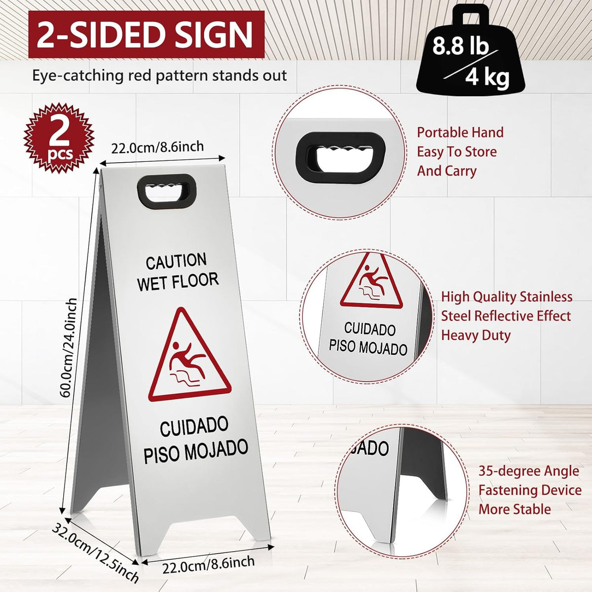 2 Pcs 24 Inch Stainless Steel Wet Floor Sign, Heavy Duty Caution Wet Floor Sign Double Sided