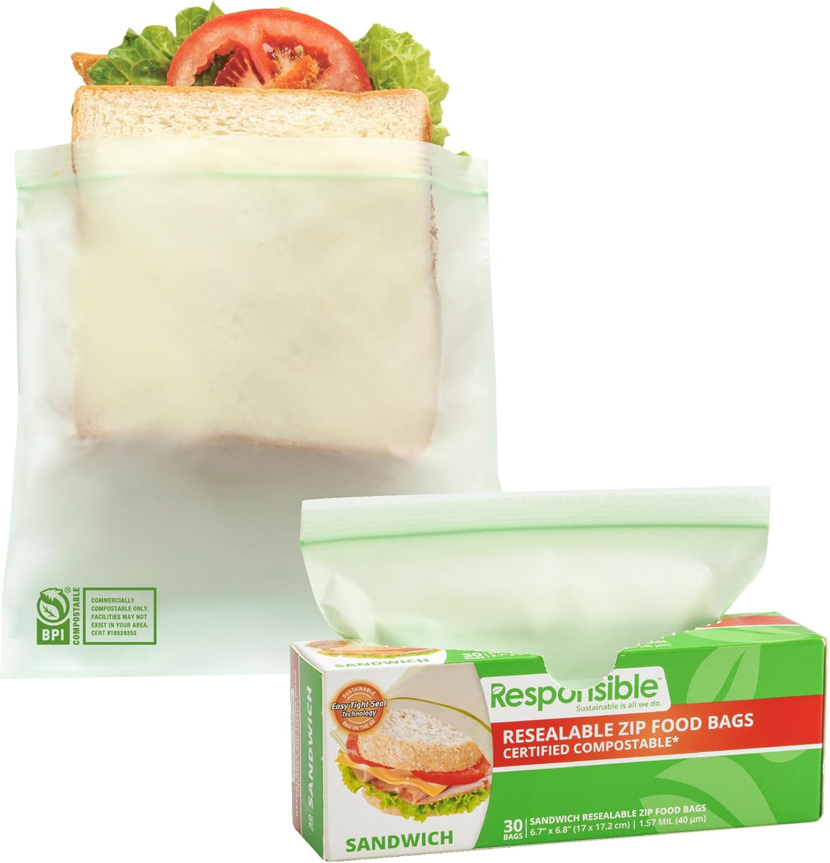 Responsible Products Certified Compostable SANDWICH Resealable Zip Bag, Extra Strength Food Bags