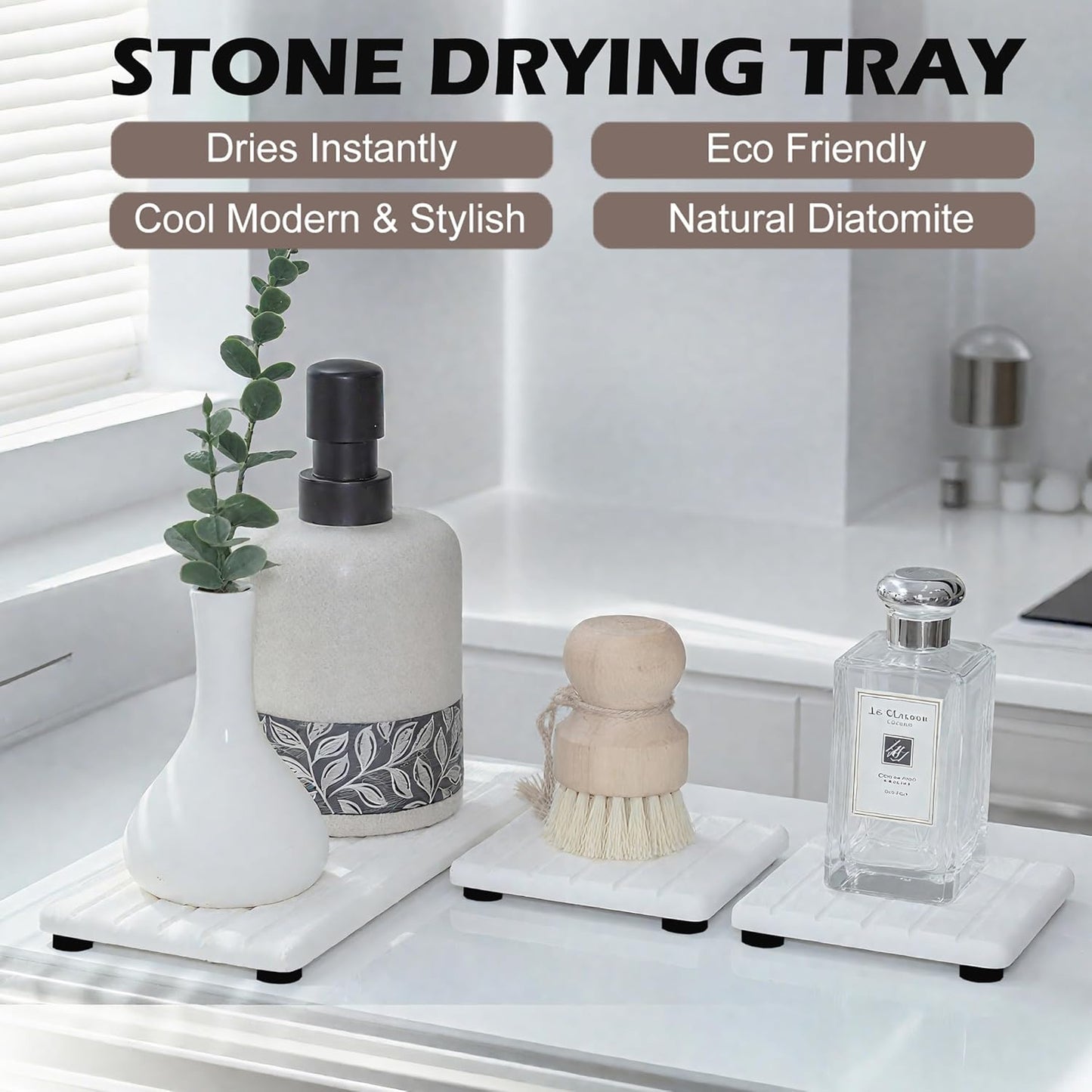 3PCS Stone Drying Tray, Stones Soap Trays, Water Absorbing Stone Tray for Sink, Fast Dry Diatomite